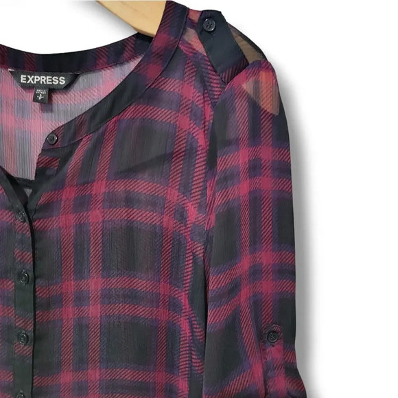 Express women's Burgundy plaid roll up sleeves semi-sheer Blouse  - small - Picture 5 of 8